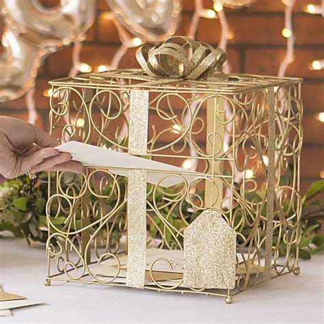 gold scrolled metal wedding gift card box|Amazon.com: Wedding Card Box Gold.